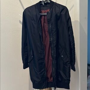 Knee Lenght Longline Bomber Jacket with Burgundy Interior and Cinched Back